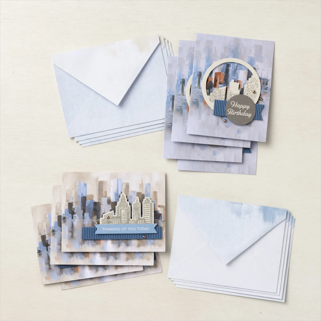 Pictures of eight hand made cards with cityscape images. You can make these with the City Sights card making Kit which is one of two new cardmaking kits released by Stampin' Up! in Australia in May